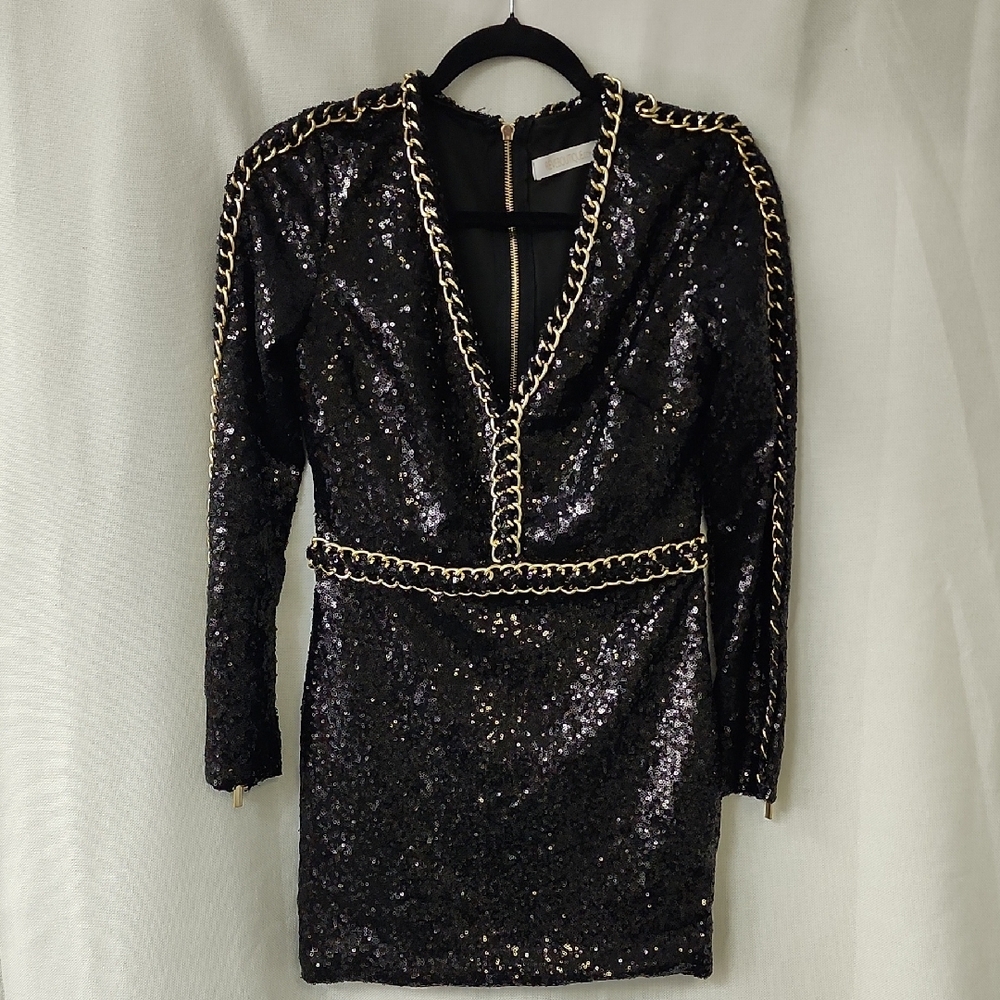 Black Sequin Mini Dress with Chain Detail